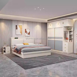 Inexpensive Complete Studio Apartment Bedroom Furniture Set Space-Saving Storage <b>Bed</b> Nightstands <b>Sliding</b> Wardrobe & Vanity Desk - Product Image 1