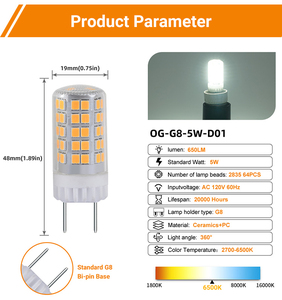 Olgelux <span class=keywords><strong>G8</strong></span> ac120v 5W (50W Halogen tương đương) dẫn bóng đèn 2700-6500K ETL FCC chứng nhận không-dimmable <span class=keywords><strong>G8</strong></span> cơ sở dẫn bóng đèn - Product Image 2
