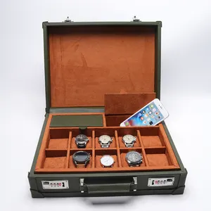 Custom Luxury High Genuine Leather Watch Travel Box Case Organizer Trunk 10 Watches Display Storage Roll Box