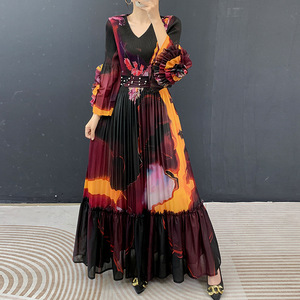 Vestido Elegante PY 2026 con Cuello Redondo, Manga Trompeta, Fruncido, Tejido Plisado y Estampado en la Cintura, Ropa Occidental para Mujer, Venta al por Mayor en Línea - Product Image 1