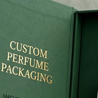 Boîte à parfum rigide de luxe personnalisée, style livre vert magnétique, ouverture latérale, emballage cosmétique écologique avec parfum personnalisé