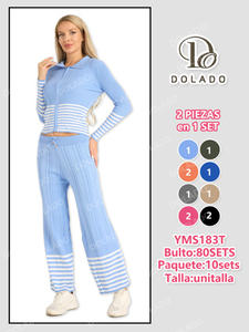 Pigiama da donna in maglia YMS183T a maniche lunghe, a righe, con cerniera frontale, morbido, casual, lunghezza intera, vita media - Product Image 3