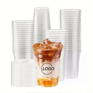 Vasos de plástico PET transparentes desechables de 92 mm de diámetro y 9 oz/420 ml con tapa de fondo plano y funda para pajita para té con leche y vodka - Product Image 3