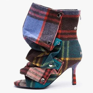 Botines de tacón alto con punta abierta y diseño cuadrado de verano, sandalias de mezclilla plisadas a cuadros de colores para mujer - Product Image 1