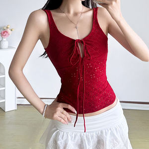 Top tipo camisola con cuello en U y bordado de ojales para mujer, top corto ajustado con lazo frontal - Product Image 2