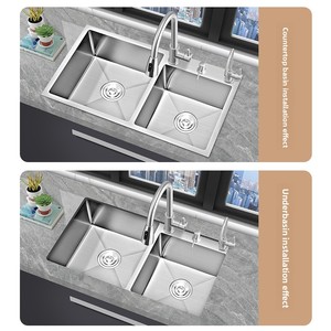 <span class=keywords><strong>Lavello</strong></span> da cucina fatto a mano doppio piatto Nano acciaio inossidabile addensato sotto-bancone dimensioni con due fori - Product Image 2