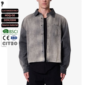 เสื้อแจ็คเก็ตโอเวอร์ไซส์ทรงครอปสีเทาไล่เฉดแบบซักฟอกสำหรับผู้ชาย มีกระเป๋าเดียว สไตล์สตรีท รับผลิตแบบ OEM - Product Image 1
