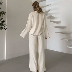 Pigiama lunga <span class=keywords><strong>da</strong></span> donna a doppio strato di <span class=keywords><strong>cotone</strong></span> crêpe in <span class=keywords><strong>cotone</strong></span> liscio semplice comodo <span class=keywords><strong>da</strong></span> indossare per la casa a maniche lunghe - Product Image 3