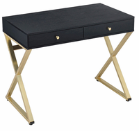 Bureau d'écriture noir et or avec deux tiroirs, bureau d'ordinateur moderne de luxe, structure en acier inoxydable doré, mobilier de bureau à domicile