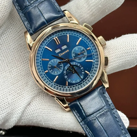 Montre Chronographe de Luxe pour Homme en Gros, Boîtier Doré en Cristal Saphir, Calendrier Phase de Lune, Aiguille Bleue, Bracelet en Cuir, Style Affaires
