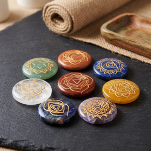 Handmade Gemstone <b>Chakra</b> Stones <b>Set</b> Carved With Sacred Geometry Patterns For Reiki Healing And Home Decoration Handmade gemstone - Product Image 5