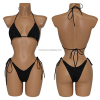 B039 Bikini Rose Pailleté Sexy Maillot de Bain String Taille Haute Tressé avec Strass