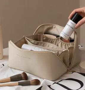 Bolsa de maquiagem personalizada de couro pu, saco cosmético impermeável para viagem, de higiene pessoal