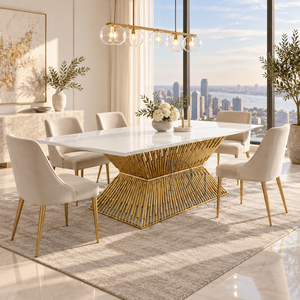 Mesa de Comedor de Acero Inoxidable de Alta Gama con Cubierta Blanca y Base de Pedestal Sunburst para Decoración de Banquetes, Bodas y Eventos - Product Image 1