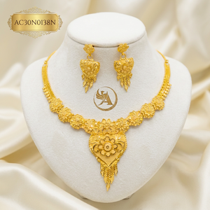 24K Gold Plated Floral <b>Bridal</b> Charm Necklace Set For Women Traditional Nigerian Wedding Jewelry with Matching Earrings - Product Image 1