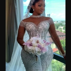 Vestido de Novia de Lujo con Cuentas de Cristal Brillantes, Estilo Sirena, Nuevo, Sexy, Cuello Alto, Manga Larga, Vestido de Baile Personalizado - Product Image 2