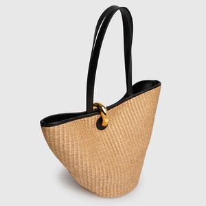 Borsa Tote <span class=keywords><strong>in</strong></span> Paglia Intrecciata Stile Designer di Lusso, Borsa a Secchiello <span class=keywords><strong>in</strong></span> <span class=keywords><strong>Rafia</strong></span> con Finiture <span class=keywords><strong>in</strong></span> Pelle, Borsa a Spalla Grande Capacità per Spiaggia Estiva - Product Image 5
