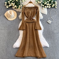 Robe décontractée élégante pour femmes, en dentelle, patchwork, épaules dénudées, manches longues évasées, coupe trapèze, tricotée, pour tous les jours