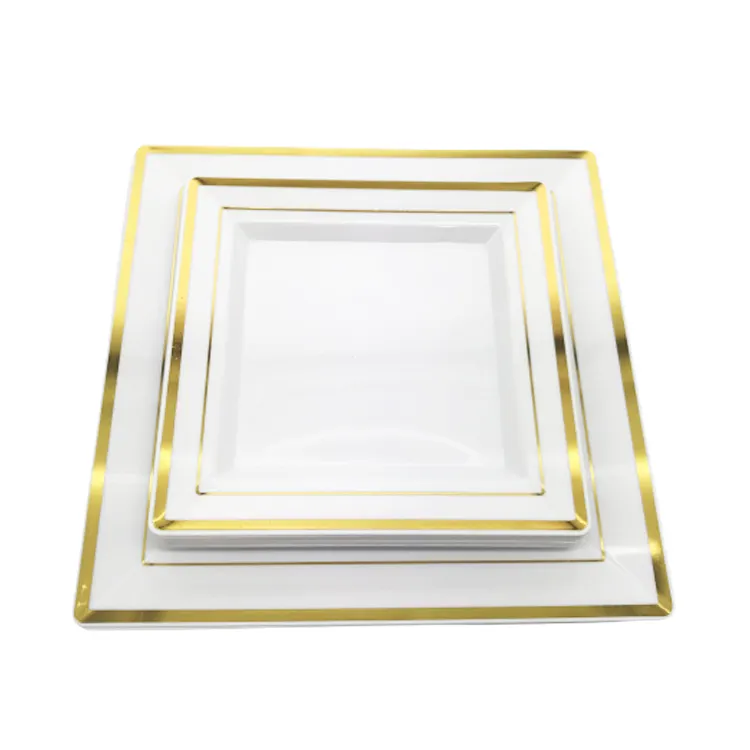 Disposable Plastic Gold Square Dinner Plates Classic Wedding Party Plates