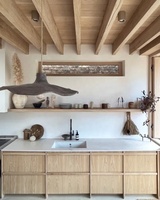 Meuble de cuisine modulaire en placage de bois avec plan de travail en marbre, design Slim Shaker pour villas et appartements, conception intérieure 3D