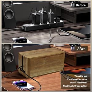 Caja organizadora de madera para regletas de enchufes para uso doméstico, que incluye almacenamiento para cables de alimentación, regletas, cables de datos y enchufes. - Product Image 1
