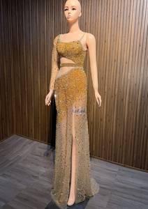 Luxury Silk <b>Dress</b> Floor-Length Asymmetrical Sleeves High-End Rhinestone Embellished Gown from Vietnam - Product Image 3