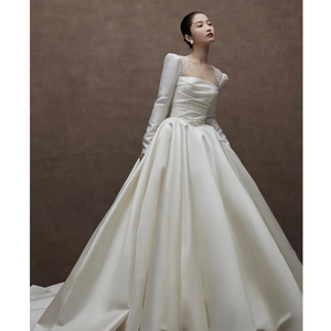 Satin Wedding Dress Square Collar Long Sleeve Ball Gown Princess Waistline Vintage Style <b>Floor</b> Length - Product Image 3