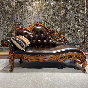 كرسي استرخاء فاخر كلاسيكي من الجلد بأزرار، كرسي استلقاء فرنسي عتيق بتصميم باروكي منحوت من الخشب - Product Image 2