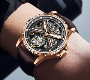 Montre AESOP Flying Tourbillon pour homme, bracelet en cuir noir, cadran squelette creux, montre mécanique de luxe étanche - Product Image 6