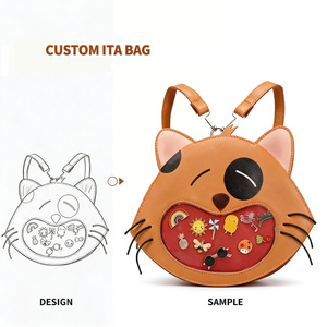 Mochila personalizada de piel sintética con ventana transparente, diseño de gato lindo y estilo Kawaii, para exhibir pines de anime - Product Image 1