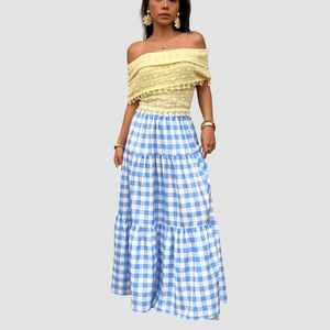 Jupe longue à carreaux bleus pour vacances d'été à la plage, taille élastique, taille haute, jupe midi, nouvelle arrivée, jupe midi de plage - Product Image 2