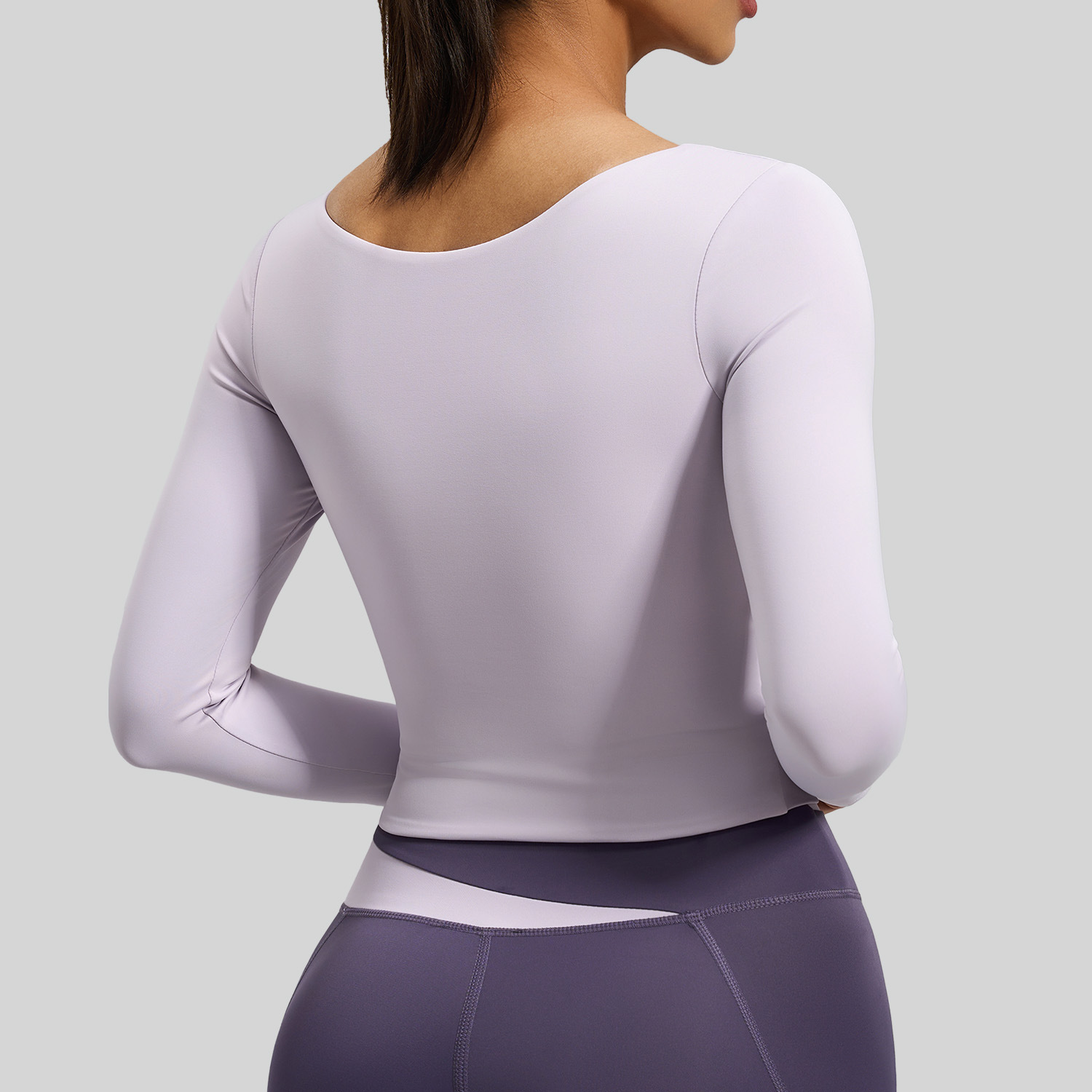 Honey Peach Color-Blocked Long-Sleeved Yoga Top Breathable Lightweight Spandex/Polyester Slim-Fitting for Women's Sports Running