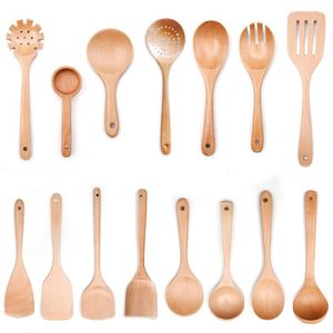 Juego de utensilios de madera de 6 piezas, espátula, cuchara, cucharón y colador de madera de haya para cocinar, freír y servir. - Product Image 4