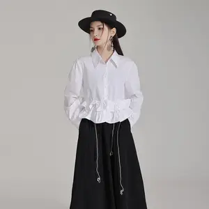 2024 Spring Chic New Cotton Short Top Design Sense Pleated Three-dimensional Wooden Ear Edge Casual Style for Summer Outfit