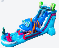 Toboggan aquatique gonflable commercial de 18 pieds sur le thème des requins avec piscine à éclaboussures et zone de saut, toboggan gonflable d'extérieur pour location événementielle