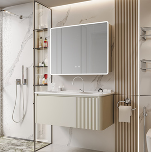 <span class=keywords><strong>Meuble</strong></span>-lavabo haut de gamme en bois massif multicouche de style italien avec porte cannelée, miroir LED intelligent et armoire murale intégrée - Product Image 4
