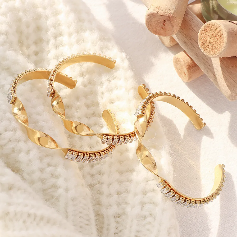Pulseira elegante de aço inoxidável, bracelete feminino dourado com zircônia cheia