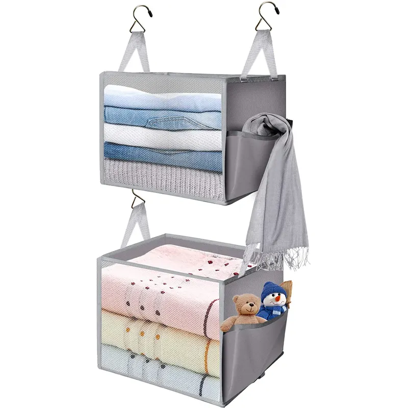 Oxford Cloth 2 pcs Folding Closet Hanging Storage Basket for Clothes Hanging Closet Organizers with 2 side Pockets and Hooks