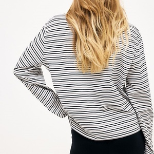 Women Custom <b>Black</b> <b>White</b> <b>Stripe</b> <b>Long</b> <b>Sleeve</b> Polo <b>Top</b> Contrast Collar V‑Neck Loose Fit Casual Knit T‑Shirt Blouse - Product Image 3
