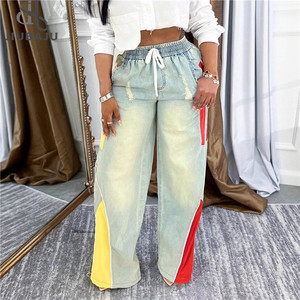 <strong>Women</strong> Straight Drawstring Waist Pants Jeans 2025 <strong>Denim</strong> Patchwork Sporty <strong>Jogger</strong> Sweatpants Trousers - Product Image 1
