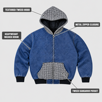 Blousons Homme Bleus Personnalisés en Jean Lavé Coton à Carreaux avec Capuche, Fermeture Éclair, Poche Kangourou, Poignets Côtelés et Doublure pour un Style Vintage Streetwear