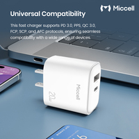 Chargeur de téléphone de type C Miccell en gros, chargeur portable 20W, USB C, chargeur rapide pour iPhone avec ports Type-C et USB-C pour iPhone, Xiaomi