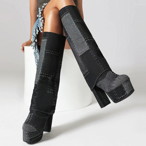 Sewing Denim Patchwork Overlay Long Booties Women on Knee High <b>Boots</b> Round Toe Chunky Heels Pants Jeans Platform Shoes - Product Image 5