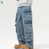 Pantalones Vaqueros Anchos de Mezclilla para Hombre, Estilo Urbano, Lavado Claro, con Múltiples Bolsillos Cargo