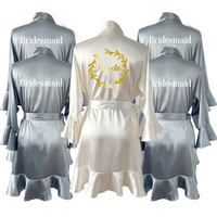 Robe Courte Kimono en Soie Satinée Couleurs Unies Prête à Expédier, Col en V, pour Femme, Vêtement de Nuit, Robe de Demoiselle d'Honneur à Volants pour Mariage
