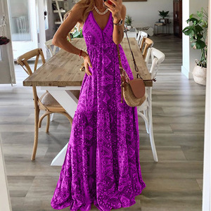 Abito lungo da donna bohémien con stampa tribale, spalline sottili, scollo a V, vita alta e balze a strati, perfetto per l'estate e le feste <span class=keywords><strong>in</strong></span> spiaggia - Product Image 4