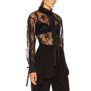 2020 Sexy Pura Del Merletto <span class=keywords><strong>Nero</strong></span> A Maniche Lunghe Con Coulisse Collare <span class=keywords><strong>Camicetta</strong></span> Top Delle Donne - Product Image 2