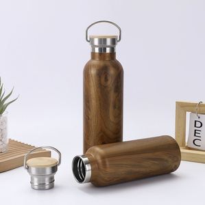 Bouteilles d'eau sport en acier inoxydable en gros, bouteille isotherme à double paroi avec poignée et couvercle en bois anti-fuite, cadeau idéal pour les voyages - Product Image 1