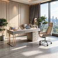 Bureau de direction moderne de luxe avec plateau en marbre, portable, écologique, avec armoire latérale de rangement, pieds en métal doré, pour bureau à domicile