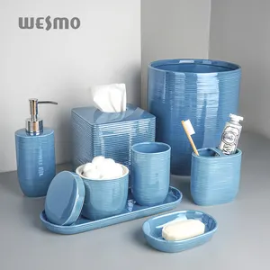 Mavi losyon dispenseri porselen tuvalet dekorasyon banyo aksesuarları seti öğeleri sabunluk seramik banyo aksesuarları seti